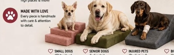 Small, medium and large dogs on Comfort Paws steps in different sizes and colours